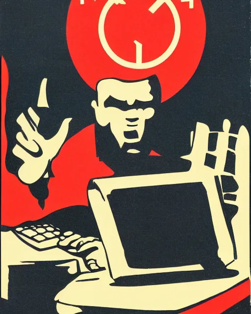 Image similar to soviet propaganda poster of an angry communist developer yelling at his computer