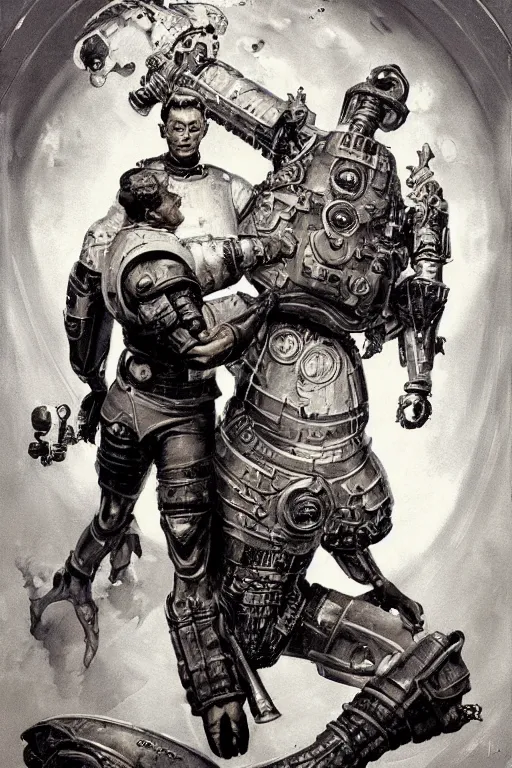 Image similar to 5 0 s pulp scifi fantasy illustration full body portrait martyn ford as huge troll wearing space armour and carrying a woman, by norman rockwell, roberto ferri, daniel gerhartz, edd cartier, jack kirby, howard v brown, ruan jia, tom lovell, frank r paul, jacob collins, dean cornwell, astounding stories, amazing, fantasy, other worlds