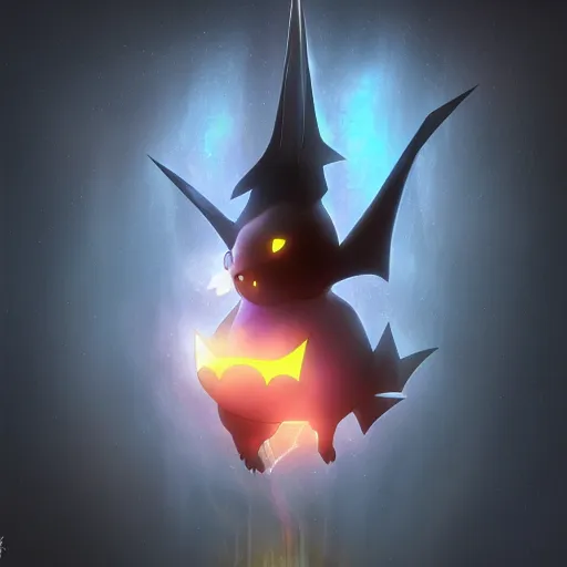 Image similar to a pokemon that looks like bat, bat hanging upside down in a tree, glowing like a light bulb, digital art. trending on art station, unreal engine.