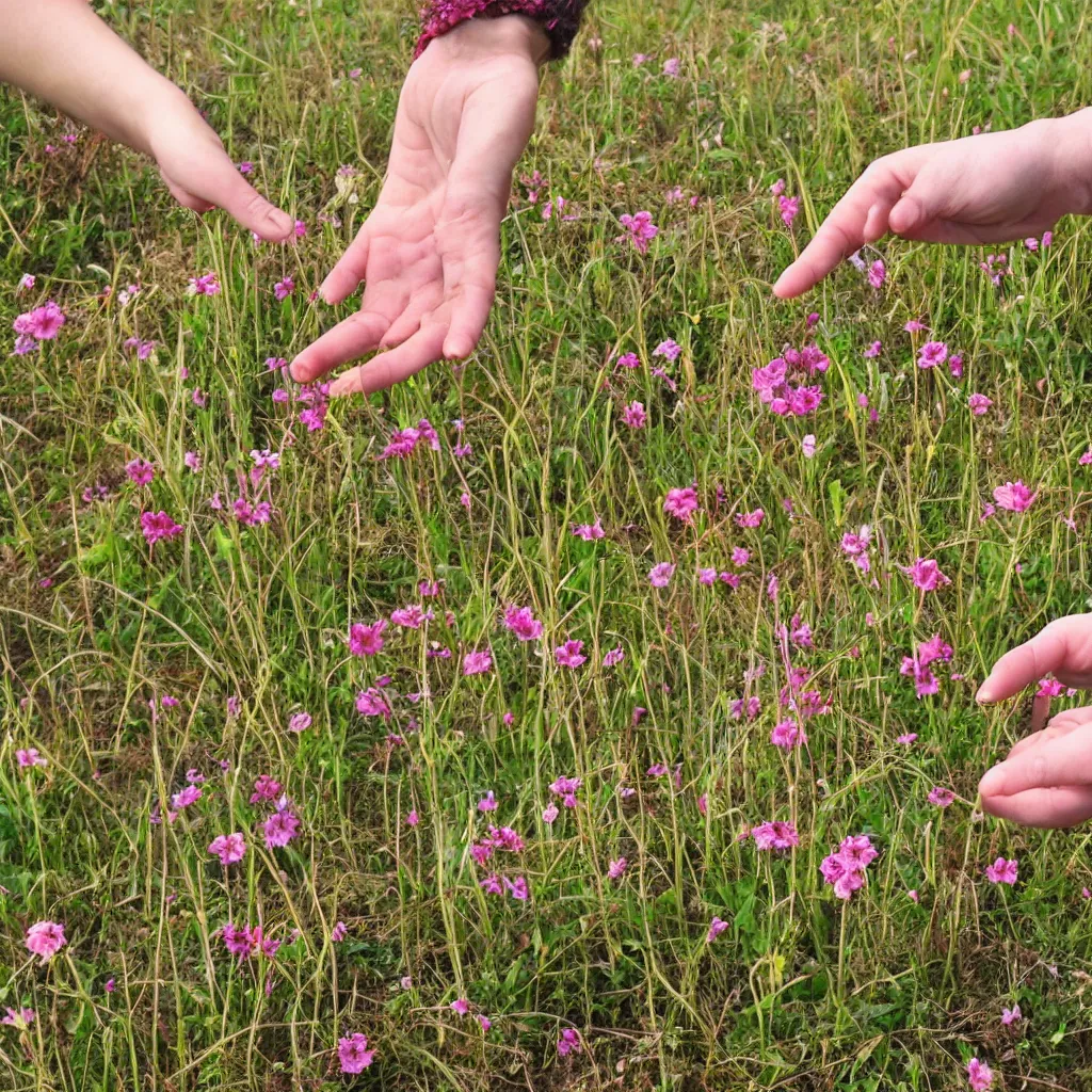 Prompt: A hand in the fields, flowers sprouting from the fingertips