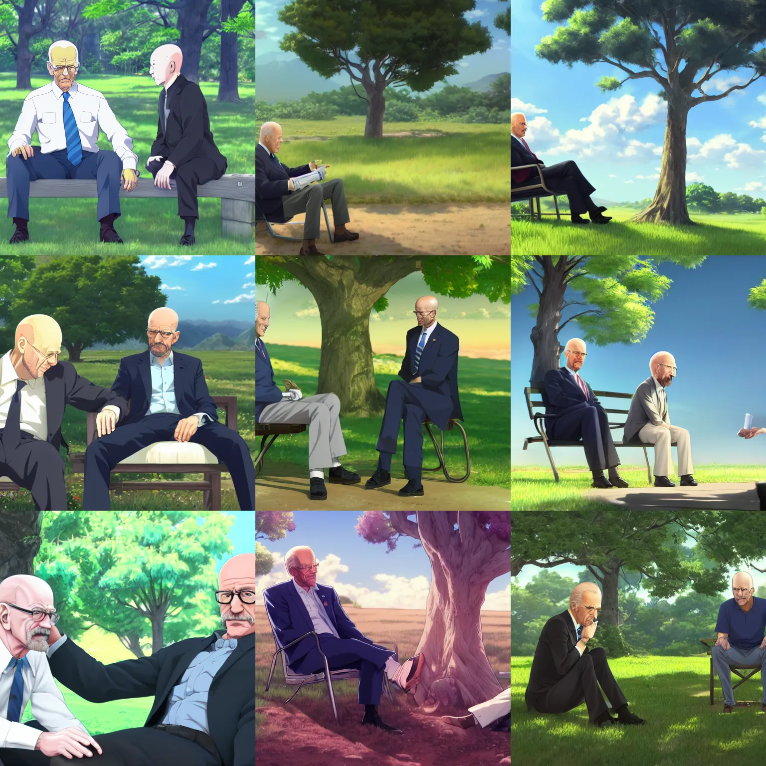 Prompt: photorealistic Joe Biden meets a photorealistic bald Walter White sitting under a tree, anime key visual, digital art, anime screenshot, kyoto animation, makoto shinkai, trending on artstation
