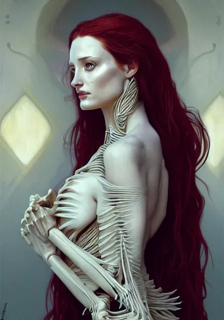 Image similar to sansa angeline jolie gessica chastain mummy skeleton goddess of death, intricate, elegant, highly detailed, digital painting, artstation, concept art, smooth, sharp focus, illustration, art by artgerm and greg rutkowski and alphonse mucha and william - adolphe bouguereau