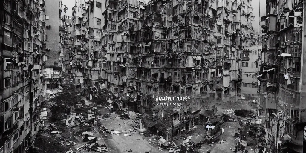 Prompt: Alfred Hitchcock's new version of Rear Window, set in Kowloon Walled City at dusk, looking down air shaft at 5 floors of ramshackle apartments and business on all sides, people in rooms doing strange things, to the bottom right some light is coming from a ground-floor cafe, where people are drinking tea and talking