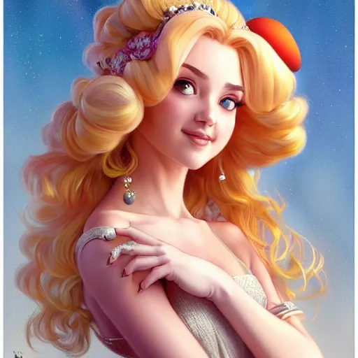 Prompt: portrait of princess peach from the mushroom kingdom, nose ring, upper body, blonde hair, long hair, joyful smirk, intricate, elegant, highly detailed, digital painting, artstation, concept art, matte, sharp focus, illustration, art by artgerm and greg rutkowski and alphonse mucha