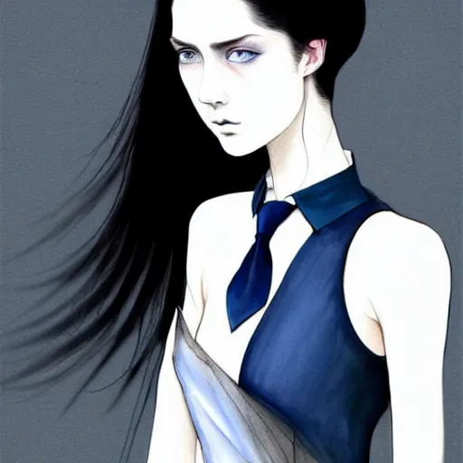 Prompt: pen and ink sketch of english teenage girl with black hair, china blue eyes, pale glowing skin, beautiful sinister features, rich and evil, elegant fashion model, fantasy, intricate, elegant, dress shirt and tie, highly detailed, digital painting, artstation, concept art, smooth, sharp focus, illustration, art by Krenz Cushart and Artem Demura and alphonse mucha, black and white