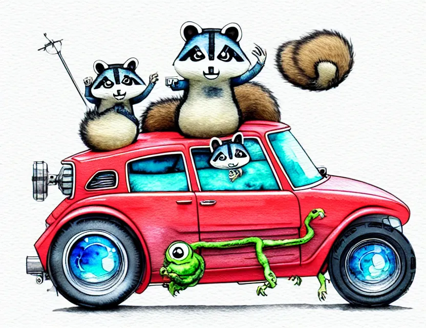 Prompt: cute and funny, racoon riding in a tiny hot rod with oversized engine, stickshift, ratfink style by ed roth, centered award winning watercolor pen illustration, isometric illustration by chihiro iwasaki, edited by range murata, tiny details by artgerm and watercolor girl, symmetrically isometrically centered