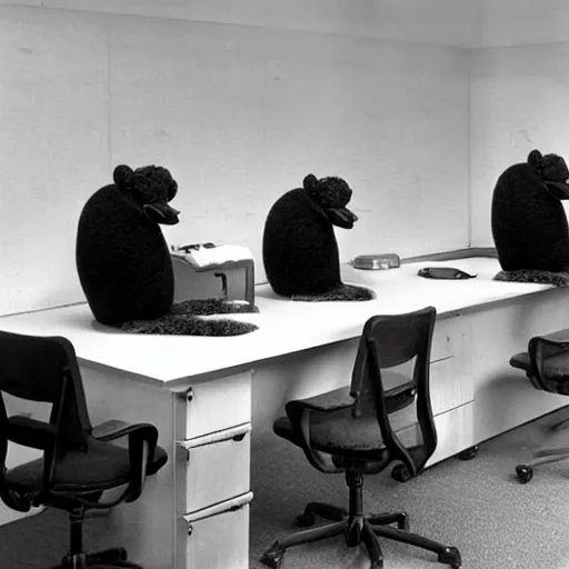 Prompt: an accounting firm staffed by different types of hyper-realistic felted toy mice, with a xerox machine, computers, kitchenette and conferenceroom, with a small black woolly terrier dog as the manager