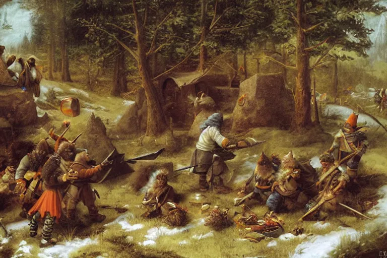 Prompt: hyperborean battle painting of gnomes sieging a encampment held by squirrels by Emanuel Leutze