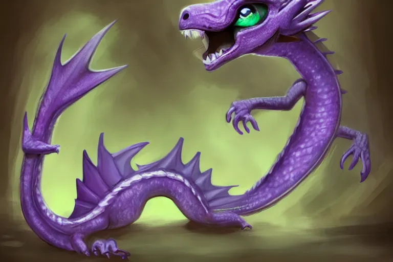 Prompt: full body digital illustration of a cute baby dragon by randy Vargas, iridescent purple, concept art, matte background, deviantArt, artstation