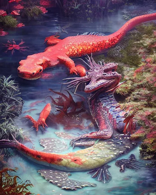 Image similar to ethereal, gorgeous, mysteriously beautiful giant huge kaiju sized pond dragon half fish half salamander, sea dragon, wet amphibious skin, red salamander, axolotl creature, koi pond, korean village by Ruan Jia and Gil Elvgren, fullbody