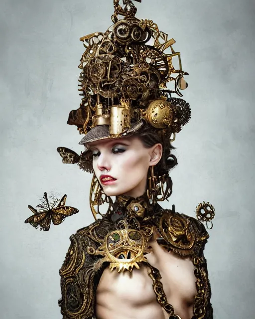 Prompt: a portrait of female by stefan geselle and nekro borja, steampunk, photorealistic, intricate details, hyper realistic, fantasy, elegant, baroque gold headpiece, photorealistic, canon r 3, photography, wide shot, symmetrical features, wide angle shot, head to toe, standing pose, feet on the ground, wearable art