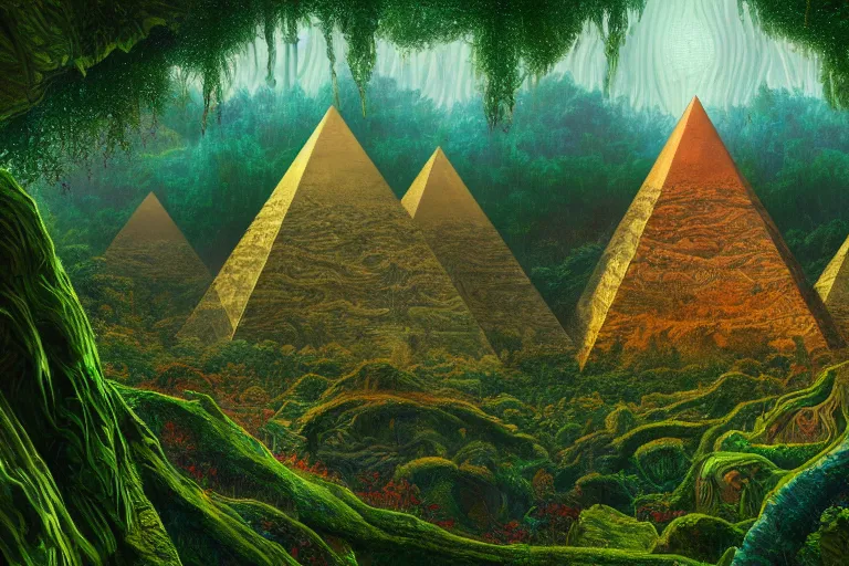 Prompt: a beautiful and highly detailed digital painting of an alien pyramid made of stone in the distance in a lush forest on an alien planet, psychedelic patterns, psychedelic plants and trees, intricate details, epic scale, 8 k, sharp focus, photorealism, artstation, cgsociety, by caspar friedrich, albert bierstadt, james gurney, alex grey, brian froud,