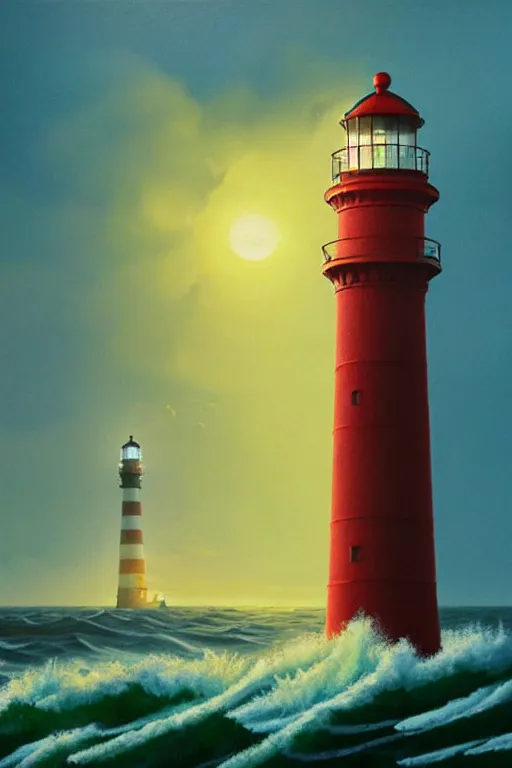 Image similar to a lighthouse in a redwood solar punk vision, overlooking an ocean, choppy waves, oil on canvas by klaus burgle, simon stalenhag, ultra - realistic 3 d depth shading