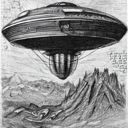 Image similar to vintage, detailed, pencil sketch of ufo! construction, all parts, with full descriptions, on old parchment, by leonardo da vinci!