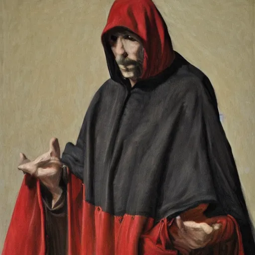 Image similar to a man wearing a long cloak and hood, oil painting, portrait, high detail