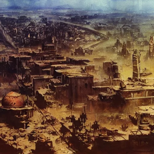 Prompt: the city of baghdad in post apocalyptic Iraq, painting by frazetta, wide angle, panorama