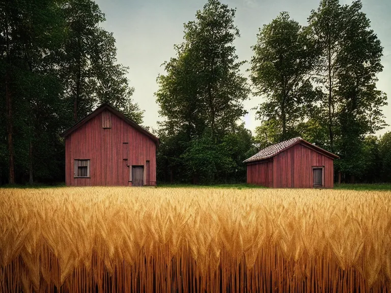 Image similar to hyperrealism design by cornelia konrads photography of beautiful detailed small house around the forest in small ukrainian village by taras shevchenko and wes anderson and caravaggio, wheat field behind the house, volumetric natural light