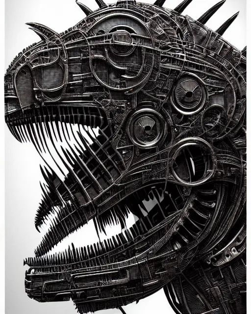 Image similar to mechanical robot trex transformer dinosaur head, bold line symmetrical illustration by peter gric, hr giger, kim jung gi, joe fenton, scifi, screen print, art station, pistons and engine parts, sharp, high contrast, hyper detailed,