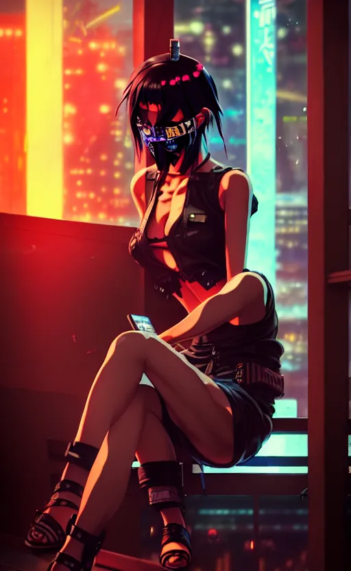 Image similar to cyberpunk anime girl sit in a night bar, cyberpunk oni mask, 3 / 4 shot, street night, beautiful face, grafity, arcane, detail, good face, pose model, concept art, in style of yoji shinkawa, pan ren wei, col price, atey ghailan, by greg rutkowski, aesthetic, digital painting, 3 d