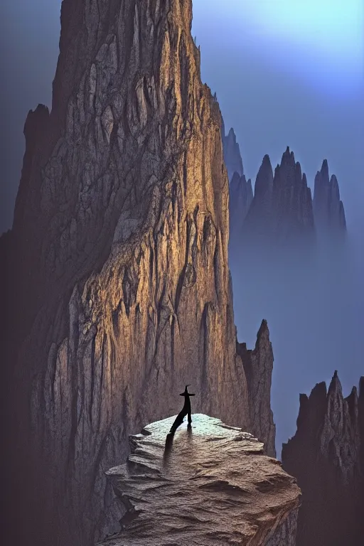 Image similar to emissary gargoyle standing of the edge of a cliff in the italian dolomites in the pouring rain during blue hour by arthur haas and bruce pennington and john schoenherr, cinematic matte painting, zaha hadid building, photo realism, dark moody color palate, blue hour stars, desolate glacial landscape,