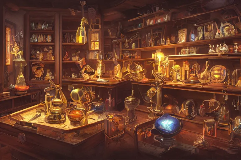Prompt: a partially lit fantasy laboratory interior with dangerous artifacts inside display cases in the late evening with dusty atmosphere, digital painting 3D by Greg Hildebrandt