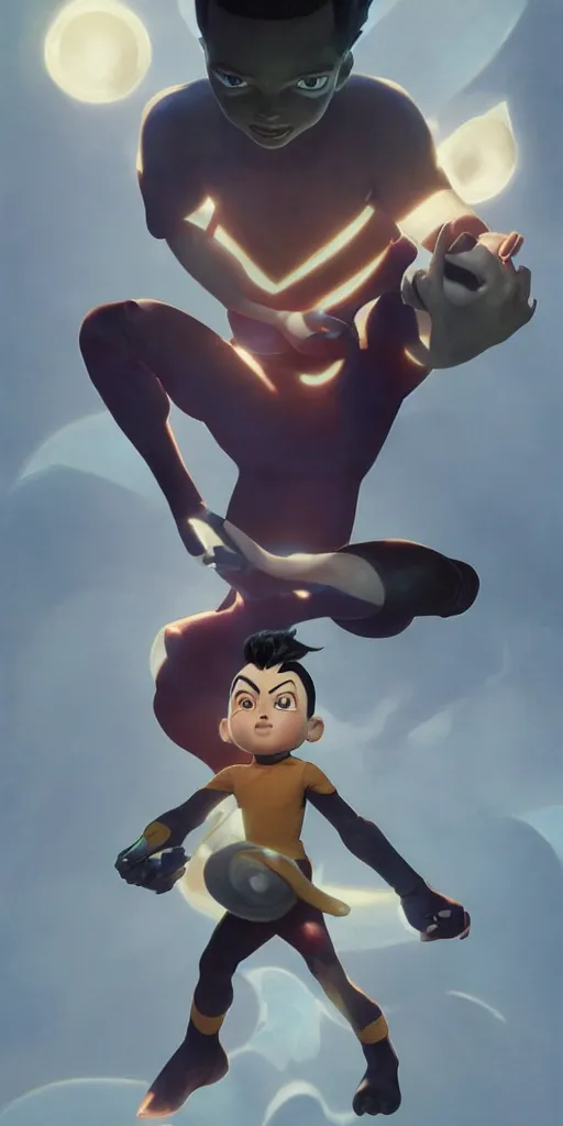 Prompt: portrait of Astroboy, centered uncut full body pose, zenith angle, shadowy area, dramatic lighting, concept art, digital painting, Unreal Engine 5, 8K, art by artgerm and Greg Rutkowski and Alphonse Mucha