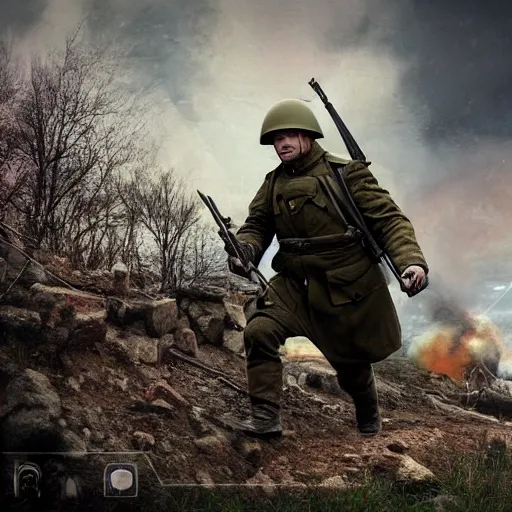 Prompt: Vladimir Putin,fighting in the trenches, somewhere in Ukraine, in the style of retro futurism 4K