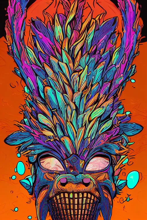 Image similar to animal mask totem roots flower tribal feather gemstone plant wood rock shaman vodoo video game vector cutout illustration vivid multicolor borderlands comics by josan gonzales and dan mumford radiating a glowing aura