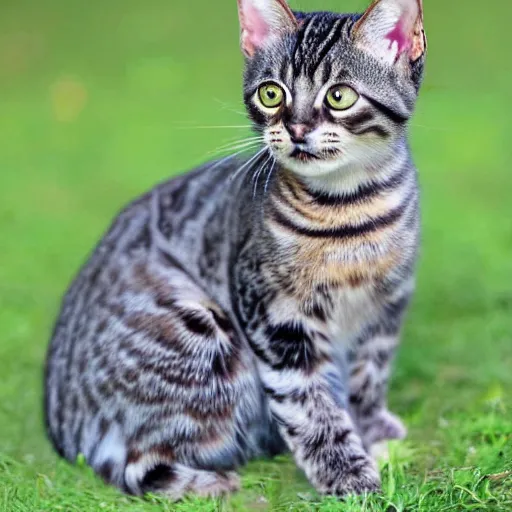 Prompt: cute greyish brown tabby cat mix with light green eyes, slightly weird, mixed with a margay