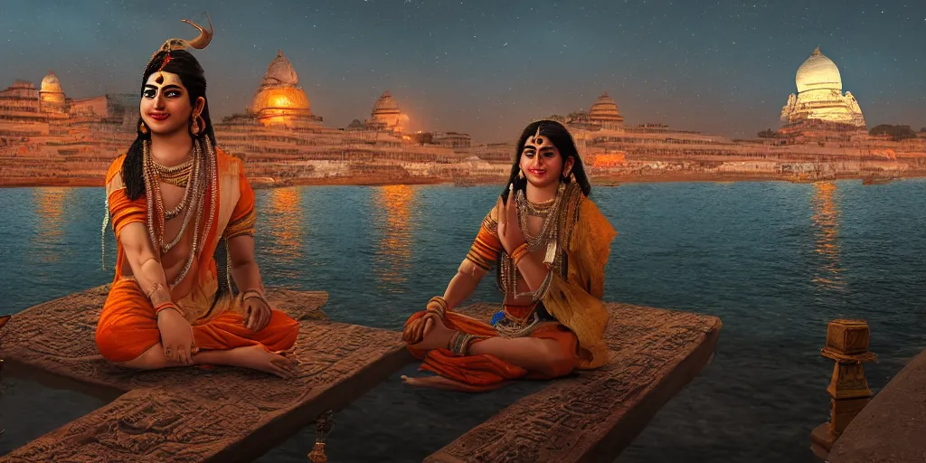 Prompt: Portrait of Lord shiva sitting at Ganga ghat, Varanasi, night time, extremely detailed, 4k, matte painting, cinematic