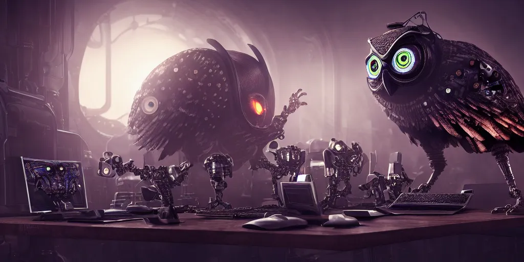 Image similar to an giant evil, malevolent, cyborg owls looking at a computer, surrounded by computer screens. steampunk. this 4 k hd image is trending on artstation, featured on behance, well - rendered, extra crisp, features intricate detail and the style of unreal engine. volumetric lighting octane render