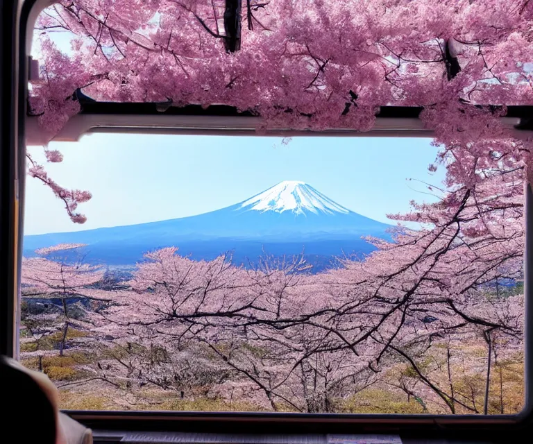 Prompt: a photo of mount fuji, japanese landscape, sakura trees, seen from a window of a train. beautiful!!!