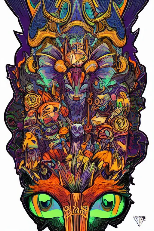 Image similar to animal mask totem roots flower tribal feather gemstone plant wood rock shaman vodoo video game vector cutout illustration vivid multicolor borderlands comics by josan gonzales and dan mumford radiating a glowing aura