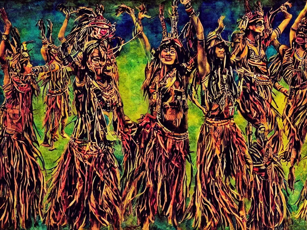 Image similar to surreal, tribal dance, art by mirella stern, mark fredrickson, dali, grunge filter effect