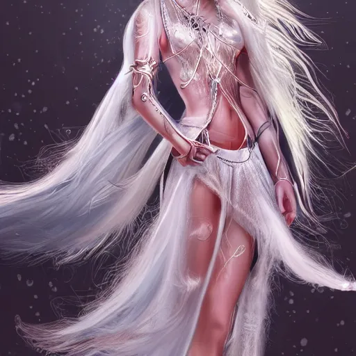 Prompt: Attractive young female fire angel, beautiful long white hair, wearing tumultus flames, intricate, highly detailed, elegant, digital painting, trending on artstation