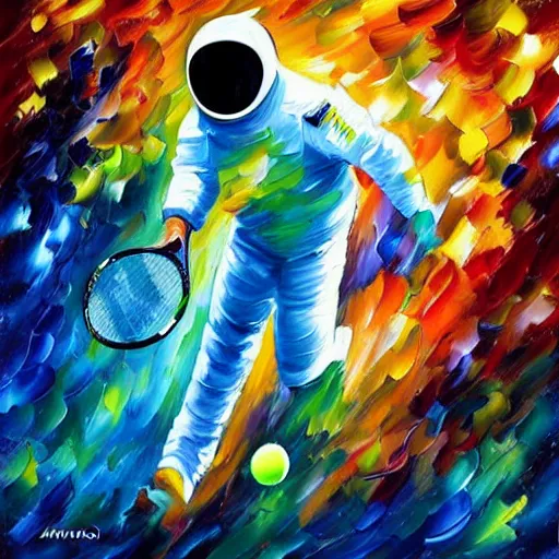 Prompt: painting of an astronaut playing tennis in a scenic cosmic environment by leonid afremov, astronaut suit, astronaut, green tennis ball, action shot