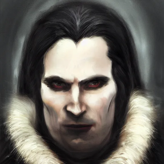 Prompt: long black hair handsome vampire lord wearing fur lined coat, portrait, oil on canvas, concept art, field of depth, fantasy, grim, dark
