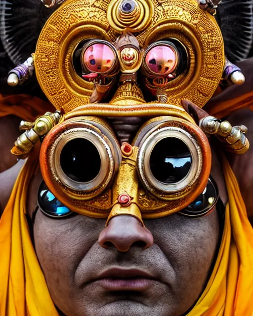 Image similar to photo of a Dramatic angry Kathakali male character with painted face wearing futuristic MadMax style steampunk goggles and accessories in the style of stefan kostic, realistic, sharp focus, symmetric, 8k high definition, insanely detailed, intricate, elegant, art by stanley lau and artgerm, Hajime Sorayama, William-Adolphe Bouguereau