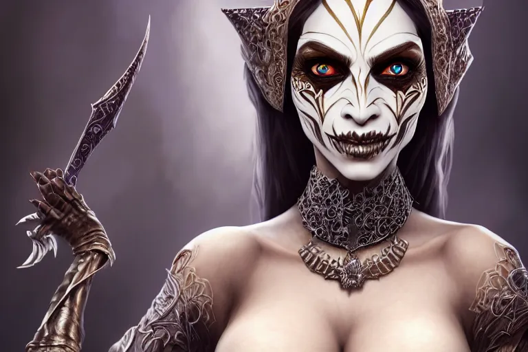 Prompt: a full portrait of a beautiful woman wearing, wearing extremely detailed attire, slim complexity, extremely detailed white eyes, medievil, dnd, extremely detailed, high quality, trending on artstation, photo realistic