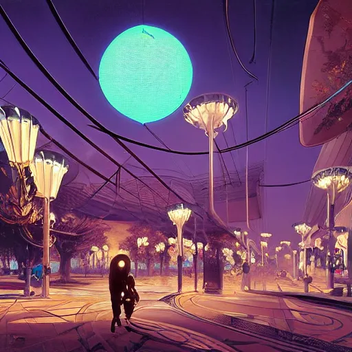 Prompt: painting of syd mead artlilery scifi parametric dome with ornate metal work lands on a sidewalk, filigree ornaments, volumetric lights, simon stalenhag