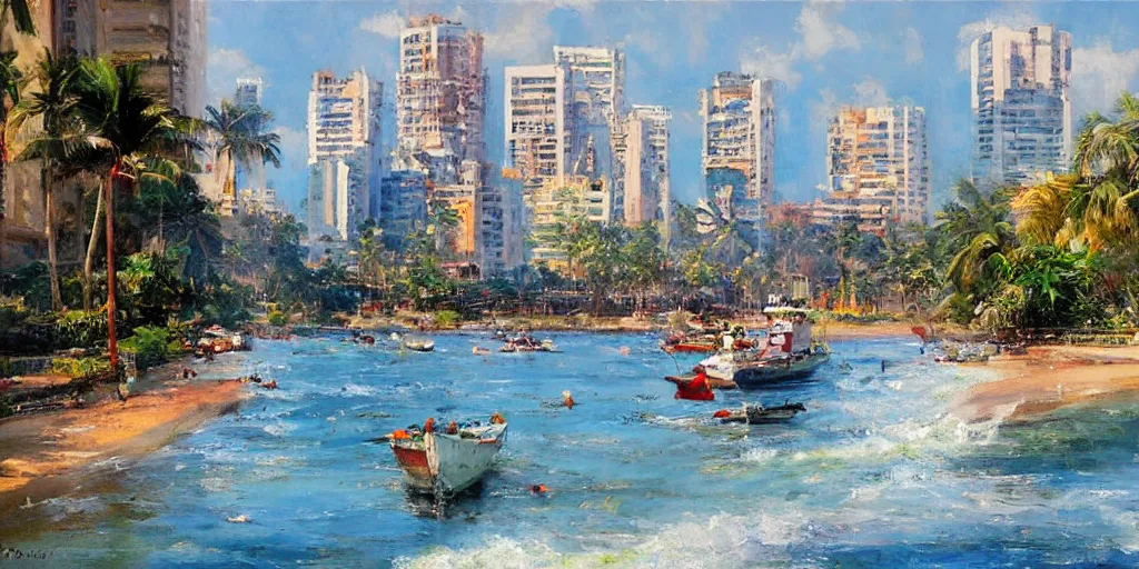 Prompt: colombo sri lanka cityscape, ocean, art by Daniel F. Gerhartz