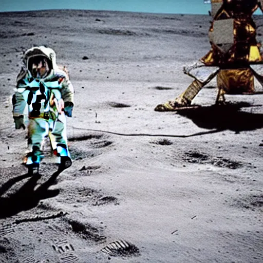 Image similar to a man without his space suit taking his dog for a walk on the moon near the human settlement