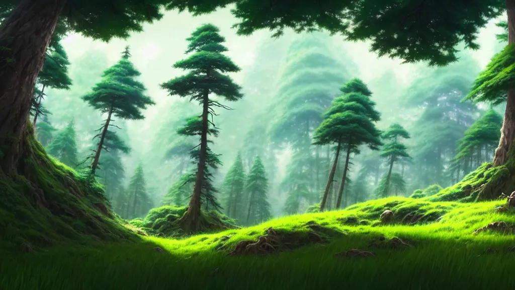 Image similar to forest clearing landscape, studio ghibli, pixar and disney animation, sharp, rendered in unreal engine 5, highly detailed, digital painting, artstation, concept art, smooth, sharp focus, illustration, wide angle, artbook, wallpaper, splash art, promo art, dramatic lighting, art by artgerm and greg rutkowski and bo chen and jin xiaodi