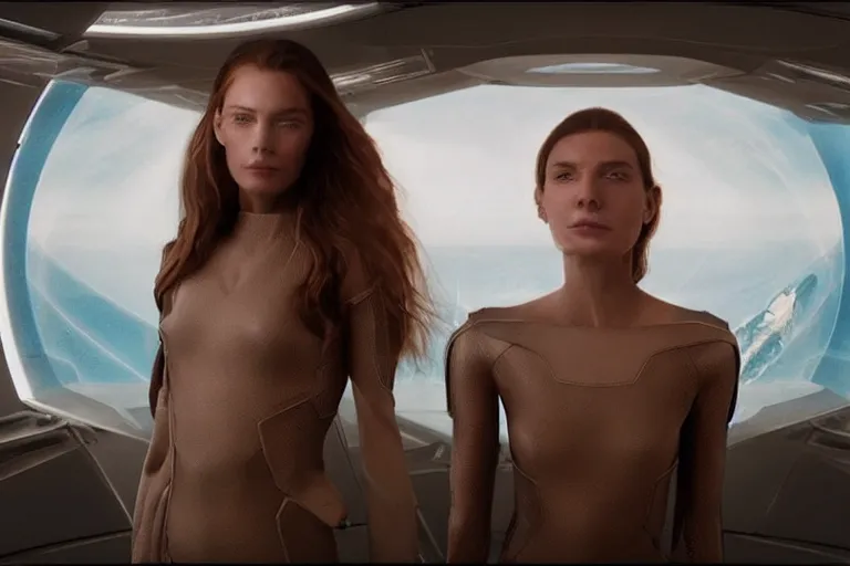 Image similar to VFX movie of a futuristic space woman model gorgeous portrait in inhuman future spaceship, beautiful natural skin natural lighting by Emmanuel Lubezki