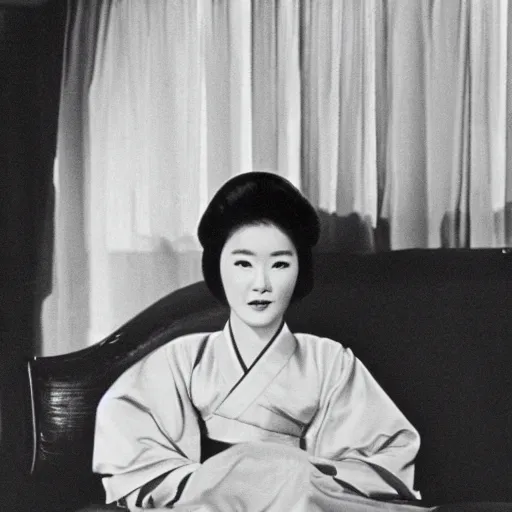 Image similar to The 1960s actress Choi Eun-Hee in a hanbok sitting on a couch, the room is dimly-lit and a starfish\'s arm reaches through the window, minimal cinematography by Akira Kurosawa, movie filmstill, 1950s film noir, thriller by Kim Jong-il and Shin Sang-ok, abstract occult epic composition