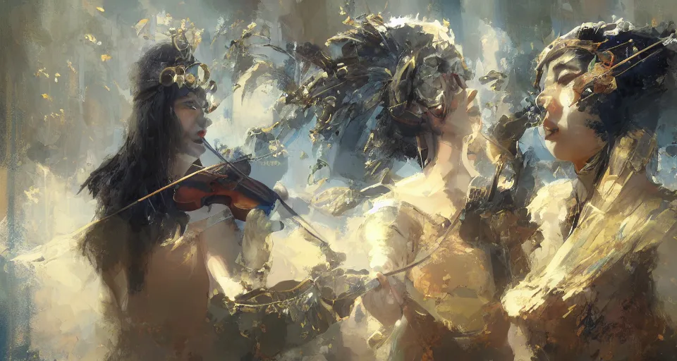 Image similar to craig mullins and ghibli digital art of stage, masked female violinists, solo performance ， exotic costumes, gold jewelry, black hair, realistic shading, cinematic composition, realistic render, octane render, detailed textures, photorealistic, wide shot