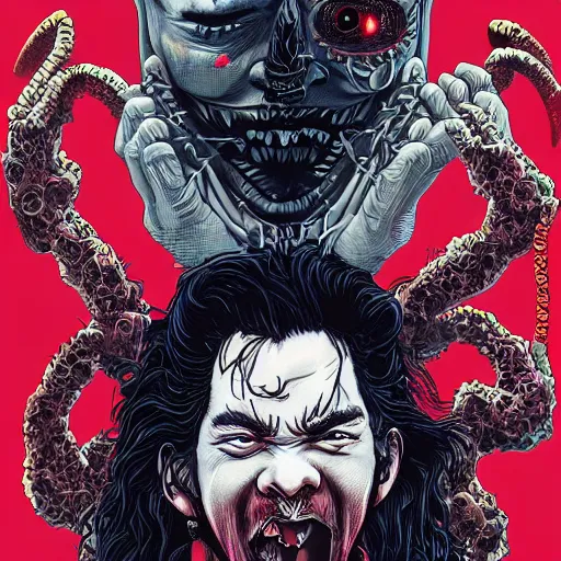 Image similar to portrait of crazy singing post malone with red eyes like hal 9 0 0 0, as vampire, symmetrical, by yoichi hatakenaka, masamune shirow, josan gonzales and dan mumford, ayami kojima, takato yamamoto, barclay shaw, karol bak, yukito kishiro