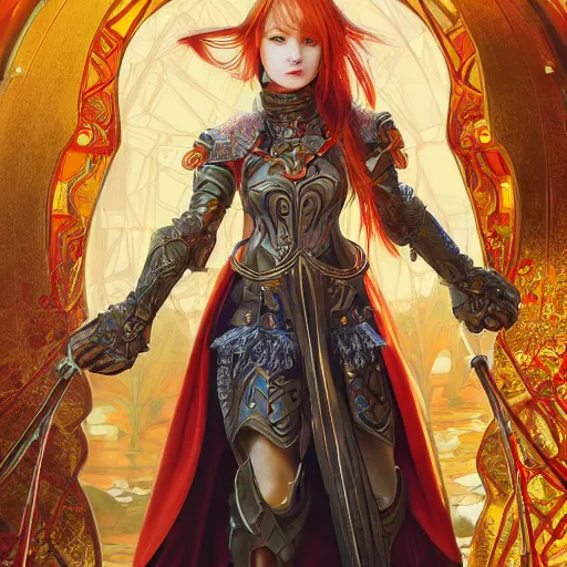 Image similar to Asuna Yuuki, young woman with orange hair wearing a partial paladin armor with a red skirt and white top, face, fantasy, intricate, elegant, highly detailed drawn by Donato Giancola and Tom Bagshaw, face by Artgerm and Edmund Leighton, Alphonse Mucha, background by James Jean and Gustav Klimt, 4k, porcelain skin, komorebi, french nouveau, trending on pixiv, octane render, hyperrealistic