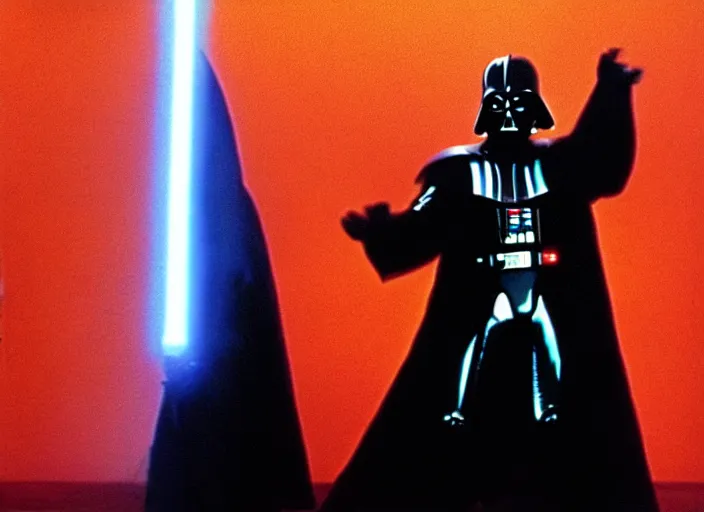 Image similar to film still of Darth Vader dancing as Tony Manero in Staying Alive 1983,