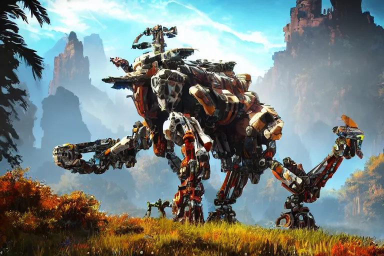 Image similar to scrapper machine mecha animal beast robot of horizon forbidden west horizon zero dawn bioluminiscence global illumination ray tracing hdr fanart arstation by sung choi and eric pfeiffer and gabriel garza and casper konefal